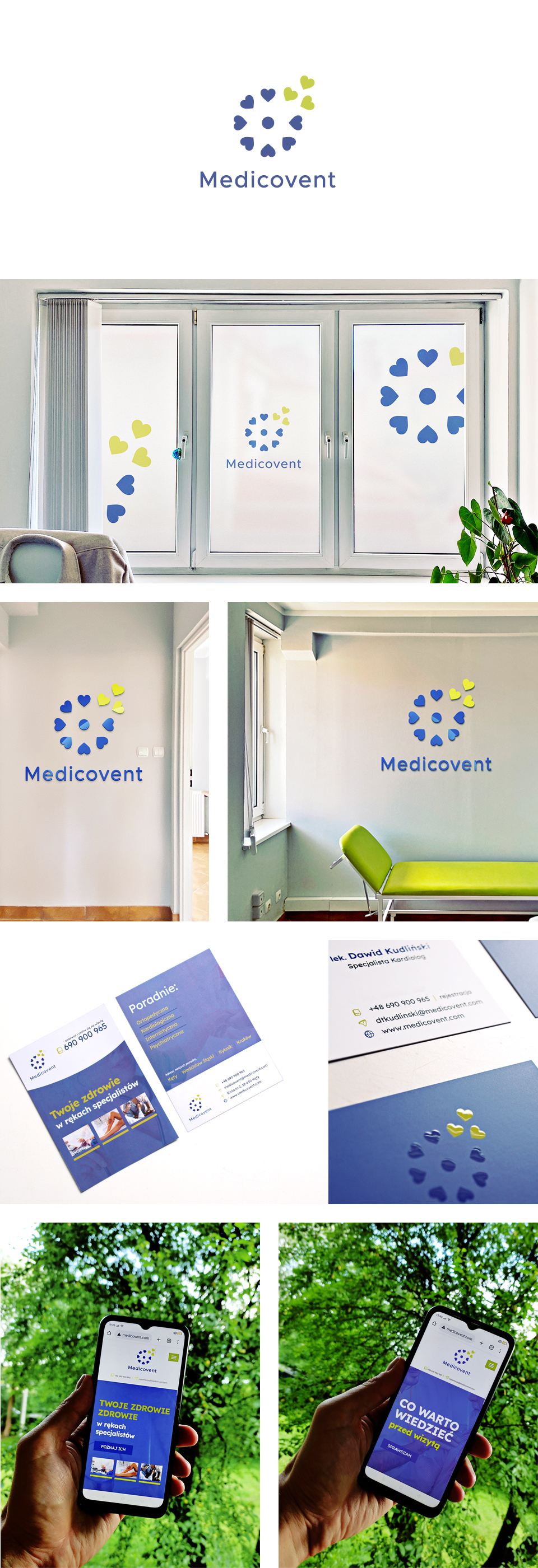 Projekty graficzne dla gabinetów lekarskich. Projekt: logo, strony internetowej, wizytówek, druków dla pacjentów, plakatów, grafik na social media: Facebook, Google Moja Firma.
