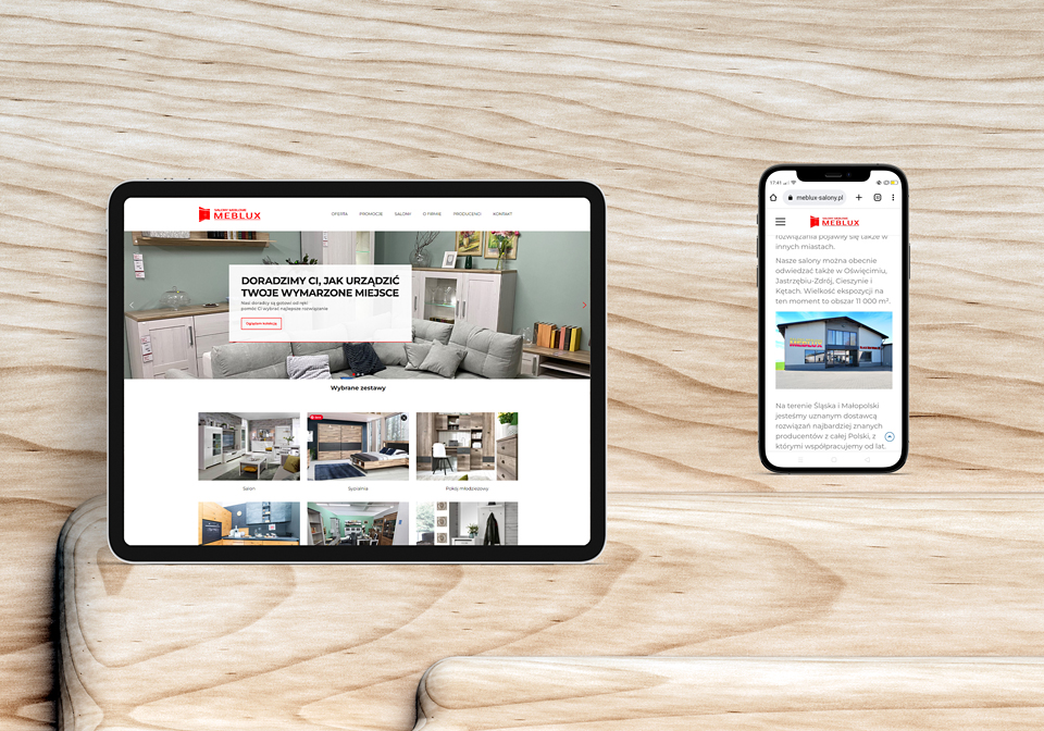Projekt graficzny strony interentowej oraz teksty i hasła reklamowe do podstron dla sieci salonów meblowych.