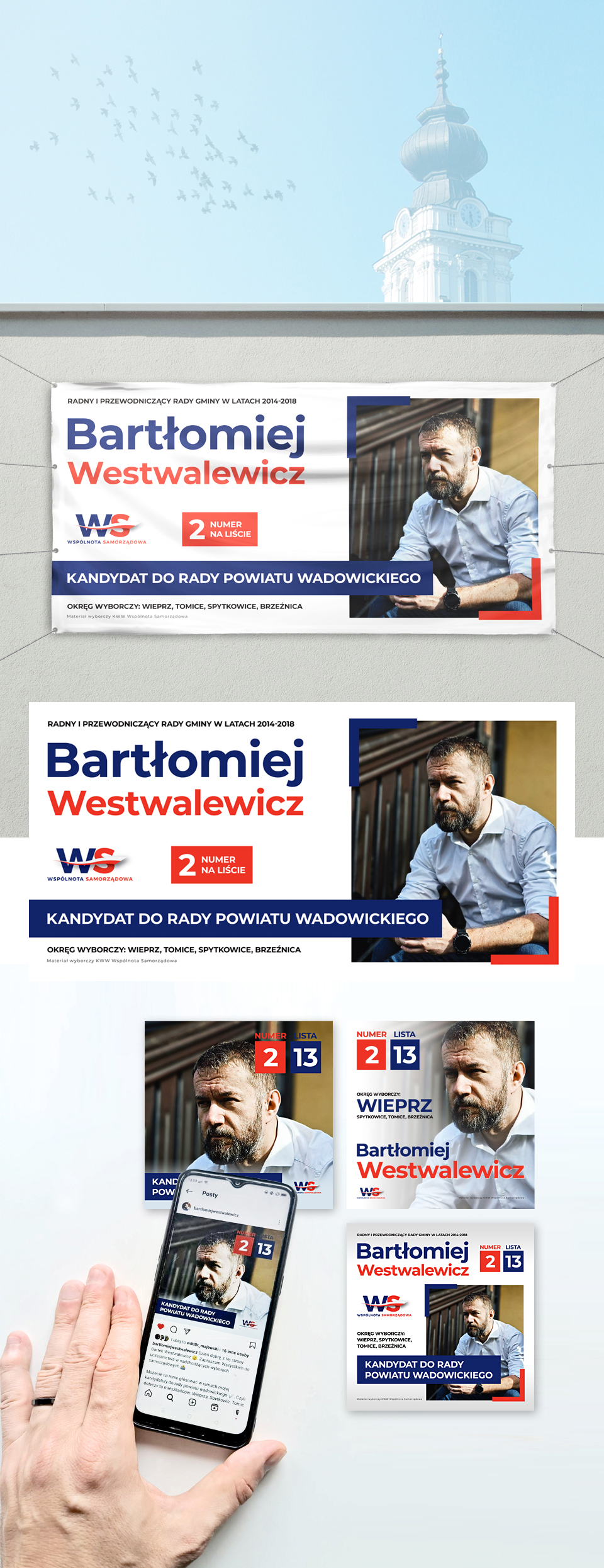 Projekty graficzne: banerów wyborczych, grafiki oraz teksty do postów wyborczych na Facebook i Instagram dla polityka.