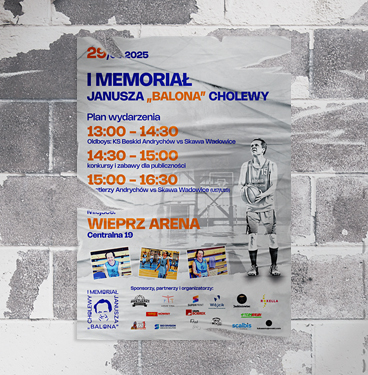 Projekty: logo, plakatu koszykarskiego, baneru ze zdjęciem, gadżetów na I Memoriał Janusza „Balona” Cholewy.