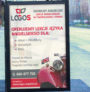 Identyfikacja wizualna, logo, wizytówka, papier firmowy, plakat, ulotki A5, teczki dla szkoły językowej.