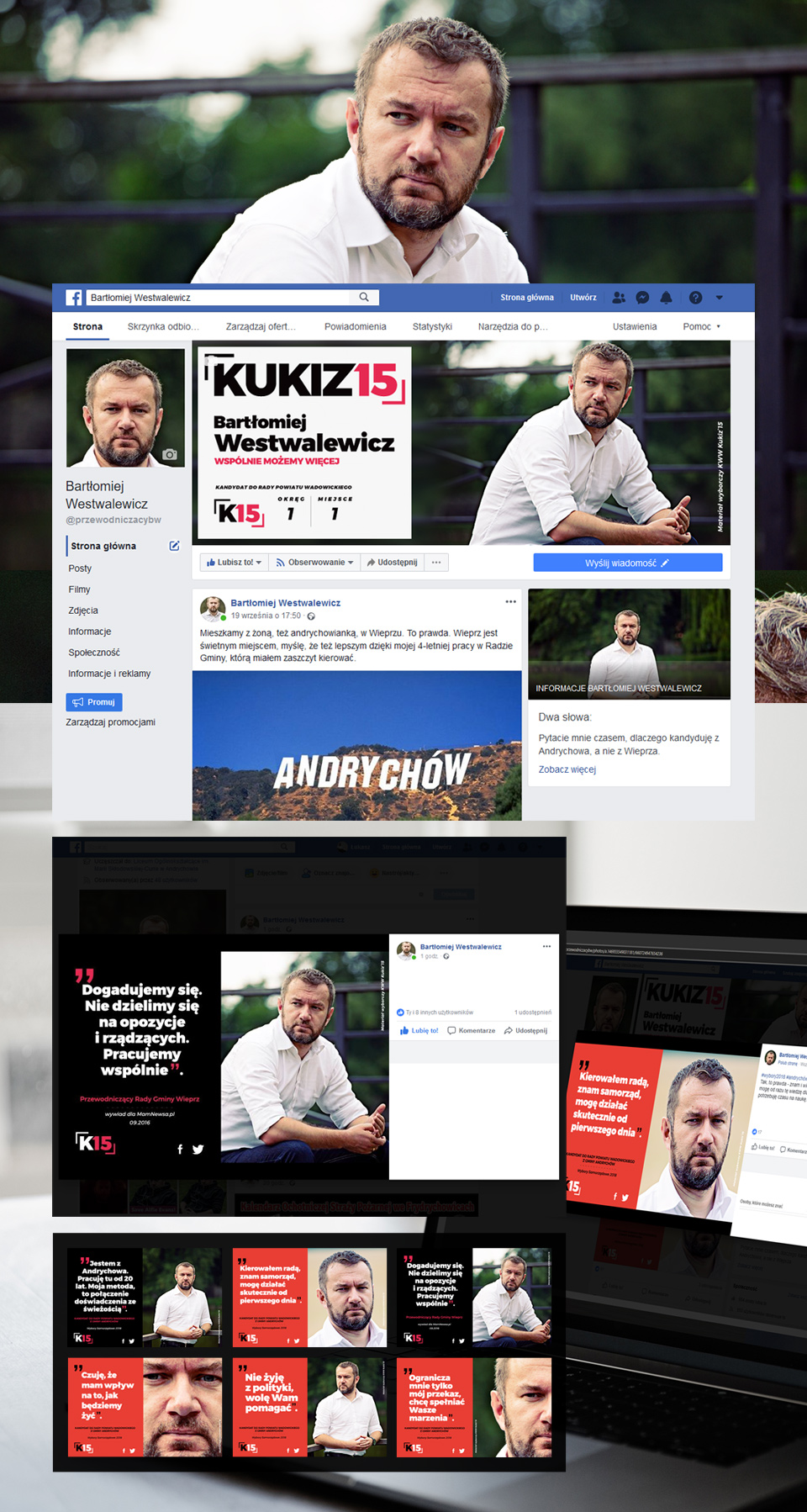 Projekty graficzne kampanii wyborczej na sieci społecznościowe: Facebook i Twitter dla kandydata na radnego powiatowego.