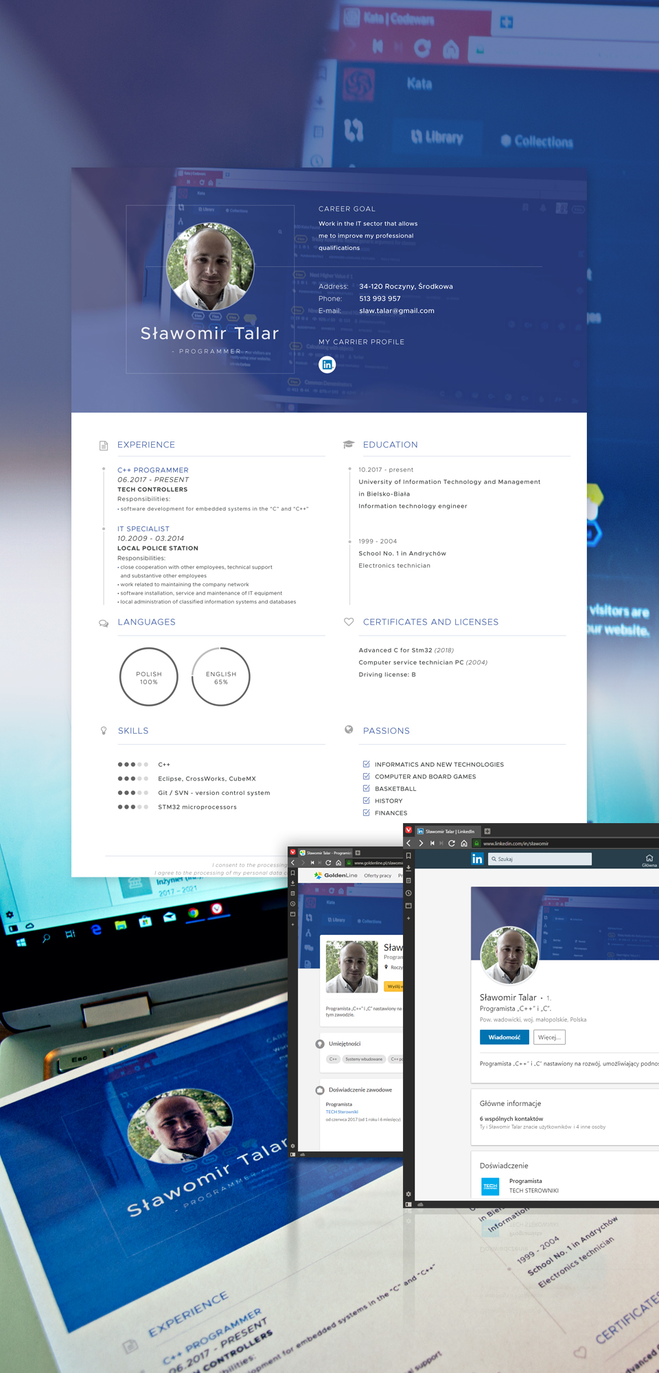 Projekt CV (w języku polskim i angielskim) oraz grafiki i komunikacji, budowa wizerunku na profilach: Linkedin i Goldenline dla programisty komputerowego.